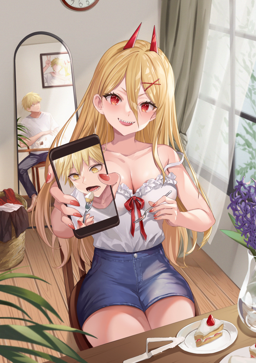 1boy, 1girl, absurdres, barefoot, blonde_hair, bow, breasts, cake, cat, cellphone, chainsaw_man, cleavage, clock, cross-shaped_pupils, curtains, denji_(chainsaw_man), flower, food, fork, hair_between_eyes, hair_tie, highres, holding, holding_fork, holding_phone, horns, imminent_bite, kiunchiku, laundry_basket, lavender_(flower), long_hair, looking_at_viewer, medium_breasts, meowy_(chainsaw_man), mirror, open_mouth, phone, pov, power_(chainsaw_man), red_bow, red_eyes, red_horns, red_nails, sharp_teeth, shirt, shirt_bow, short_hair, smartphone, smile, symbol-shaped_pupils, teeth, upper_teeth_only, white_cat, white_shirt, yellow_eyes