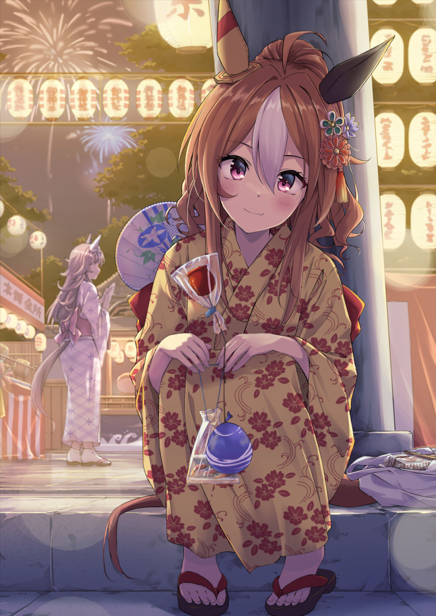 2girls, aerial_fireworks, animal_ears, barefoot, blush, brown_hair, closed_mouth, copano_rickey_(umamusume)