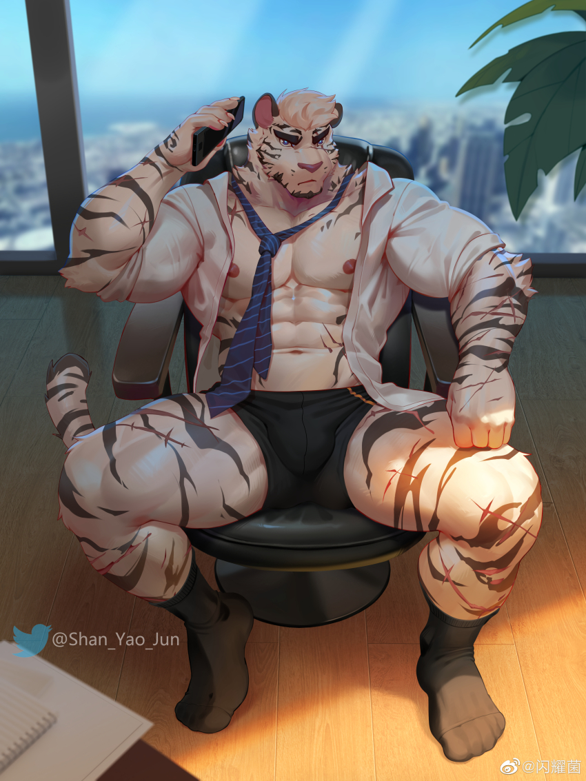 1boy, abs, absurdres, alternate_costume, animal_ears, arknights, bara, bare_pectorals
