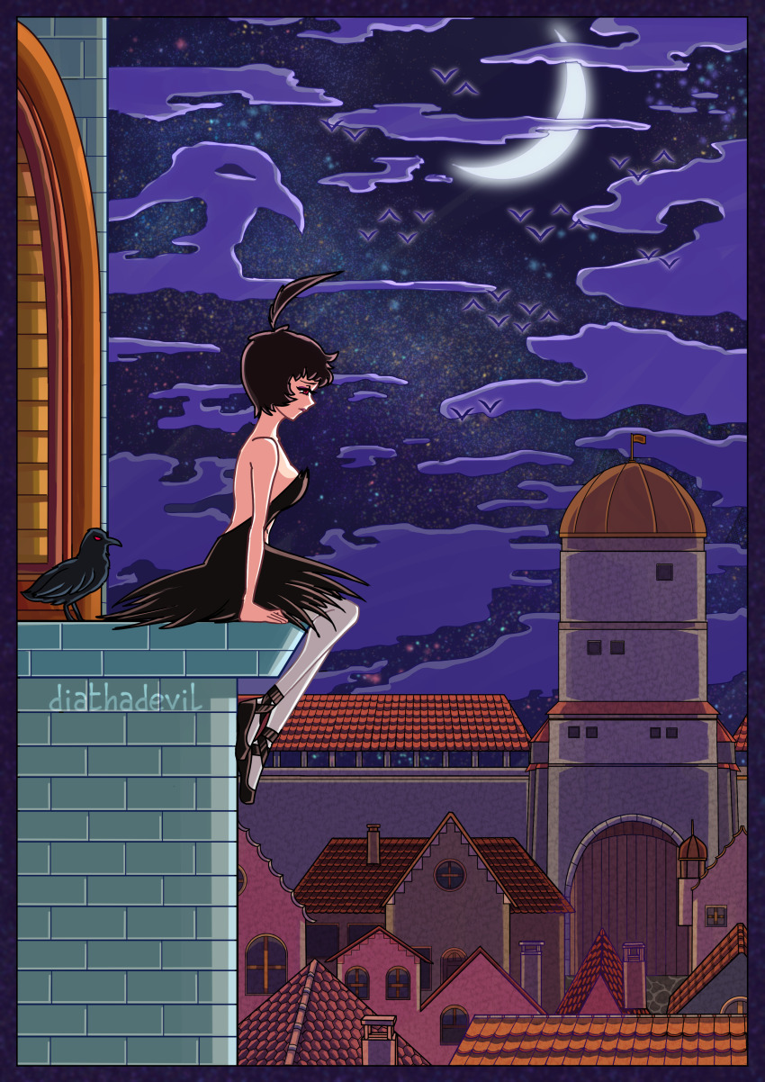 1girl, absurdres, ahoge, artist_name, backless_dress, backless_outfit, bird, black_border