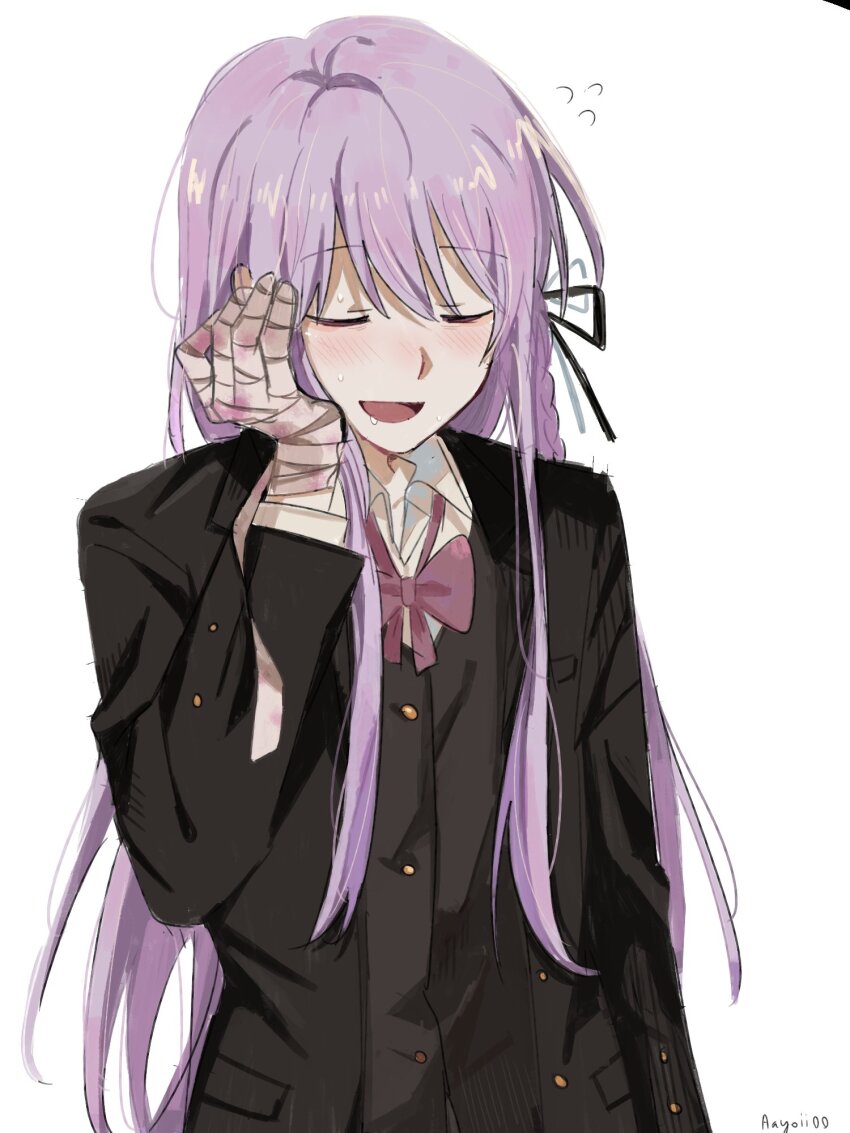 1girl, :d, aayoii_00, artist_name, bandaged_hand, bandages, black_jacket, black_ribbon