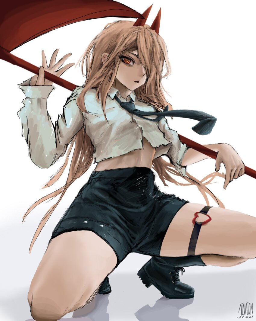 1girl, artist_name, black_footwear, black_necktie, black_shorts, blonde_hair, chainsaw_man, collared_shirt