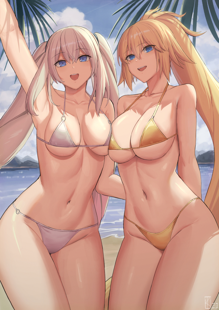 2girls, :d, absurdres, alternate_costume, arm_up, armpits, arms_behind_back, beach, bikini, blonde_hair, blue_eyes, blue_sky, breasts, cloud, collarbone, day, fate/grand_order, fate_(series), gold_bikini, high_ponytail, highres, jeanne_d'arc_(fate), jeanne_d'arc_(swimsuit_archer)_(second_ascension)_(fate), kakeku, large_breasts, long_hair, marie_antoinette_(fate), marie_antoinette_(swimsuit_caster)_(fate), medium_breasts, multiple_girls, navel, open_mouth, outdoors, ponytail, sky, smile, stomach, strap_gap, swimsuit, thighs, twintails, very_long_hair, white_bikini, white_hair