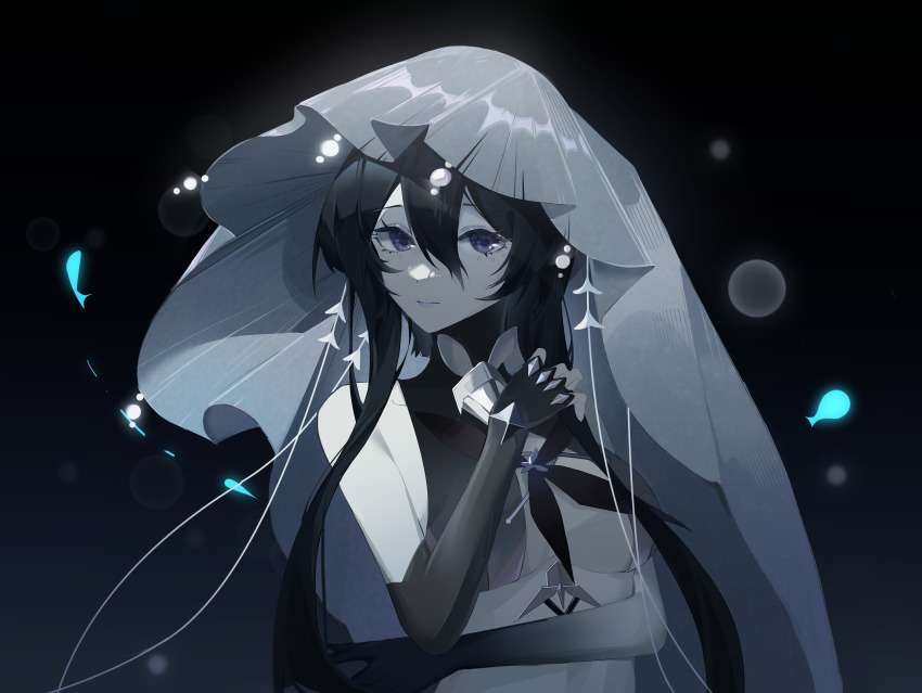 1girl, black_hair, breast_curtains, breasts, closed_mouth, grey_eyes, grey_veil, hair_between_eyes