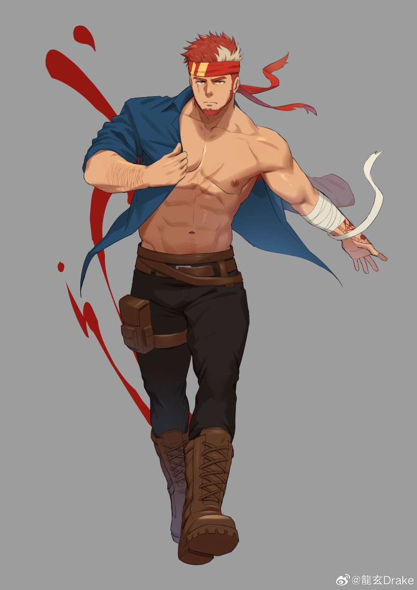 1boy, abs, absurdres, arm_tattoo, artist_name, bag, bandaged_arm, bandages, bara, bare_pectorals, beard, biceps, boots, chest_hair, collared_shirt, facial_hair, hairy, headband, highres, indie_virtual_youtuber, leather, leather_belt, looking_at_viewer, male_focus, manly, mature_male, multicolored_hair, muscular, muscular_male, navel, navel_hair, nipples, pants, pectorals, red_hair, ryuugen_drake, sai_(serialmilq), scar, scar_across_eye, scar_on_chest, scar_on_face, second-party_source, shirt, simple_background, solo, tattoo, twitter_username, virtual_youtuber, walking, white_hair
