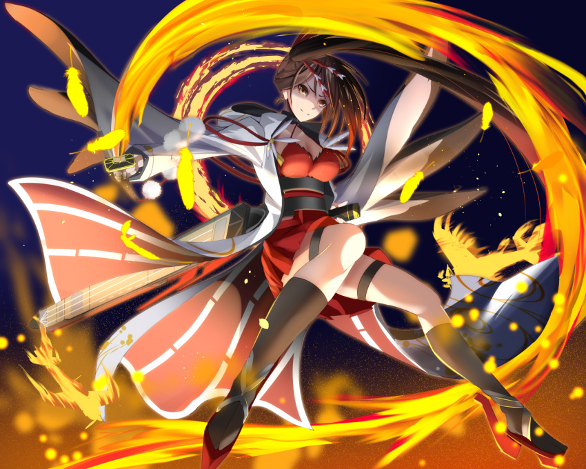 1girl, azur_lane, breasts, brown_hair, feathers, fire, full_body, highres