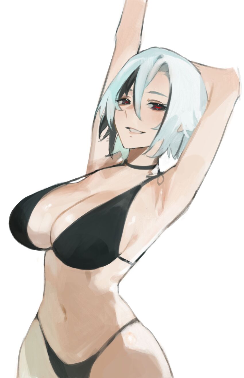 1girl, absurdres, arlecchino_(genshin_impact), arm_behind_head, arm_up, bare_arms, bikini, black_bikini