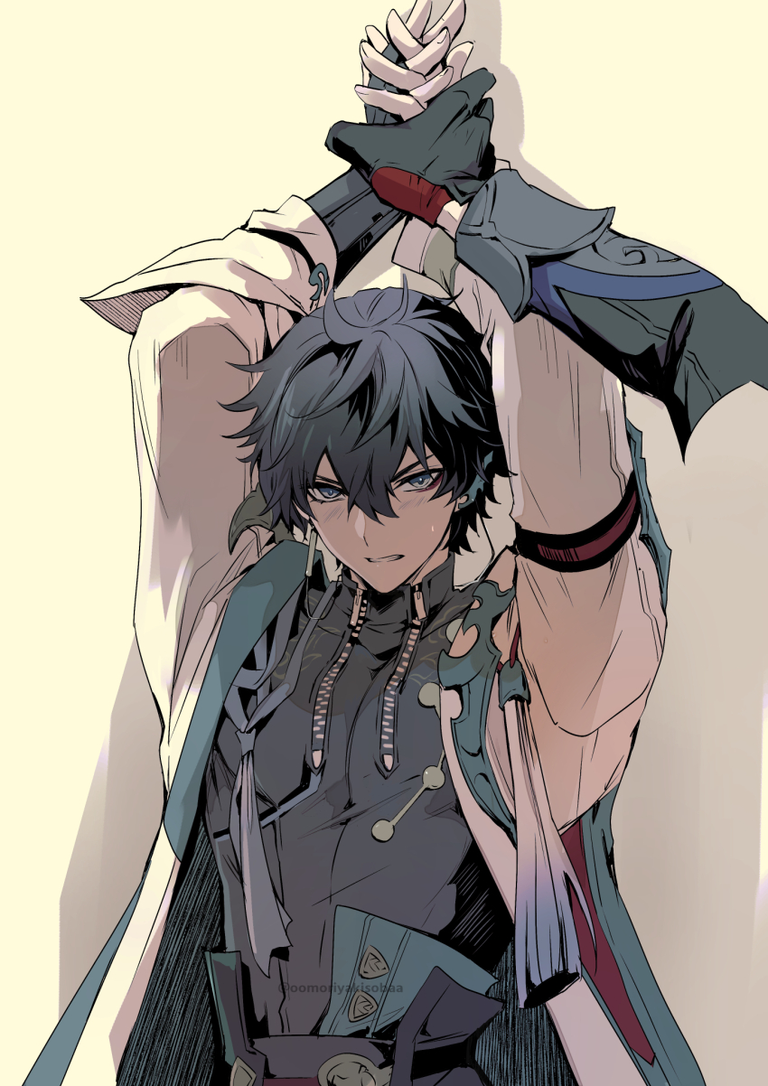 2boys, arm_up, arms_up, artist_name, black_coat, black_gloves, black_hair, black_shirt