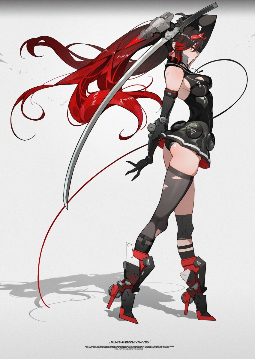 1girl, absurdres, ass, black_dress, black_gloves, black_panties, breast_cutouts, closed_mouth