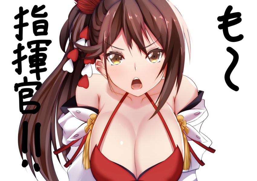 1girl, azur_lane, bare_shoulders, breasts, brown_hair, cleavage, dress, flower