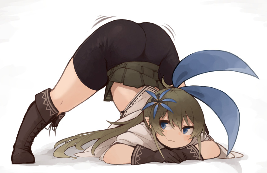 1girl, all_fours, ass, bike_shorts, blue_eyes, boots, full_body, gloves, green_hair, hair_between_eyes, highres, jack-o'_challenge, kaginoni, long_hair, original, pointy_ears, selenoah, simple_background, skirt, solo, top-down_bottom-up, white_background