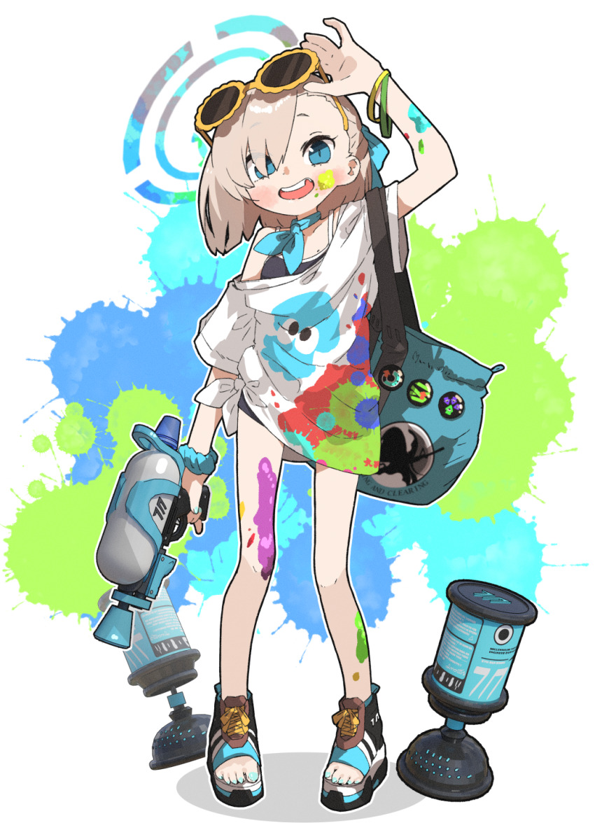 1girl, adjusting_eyewear, aged_down, alternate_costume, amonitto, aqua_bow, aqua_nails, aqua_neckerchief, arm_up, asuna_(blue_archive), asymmetrical_bangs, bag, blue_archive, blue_eyes, blue_nails, blue_one-piece_swimsuit, blush, bow, bracelet, brown_hair, chipped_tooth, collarbone, crossover, eyewear_on_head, flat_chest, full_body, gun, hair_bow, hair_over_one_eye, halo, highres, holding, holding_gun, holding_weapon, jewelry, long_hair, looking_at_viewer, mole, mole_on_chest, neckerchief, nintendo, off_shoulder, one-piece_swimsuit, open_mouth, oversized_clothes, oversized_shirt, paint_on_body, paint_on_clothes, paint_splatter, paint_splatter_on_face, pigeon-toed, pinky_out, platform_sandals, sandals, scrunchie, shirt, short_sleeves, shoulder_bag, smile, solo, splatoon_(series), splatter_background, splattershot_(splatoon), standing, suction_bomb_(splatoon), sunglasses, swimsuit, tied_shirt, weapon, white_background, white_shirt, wrist_scrunchie