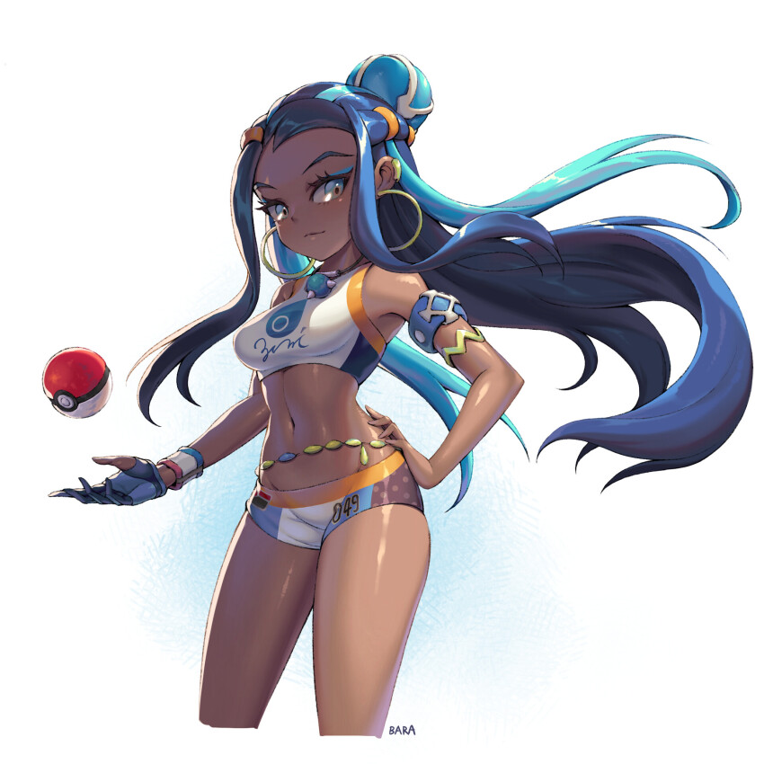 1girl, bare_shoulders, black_hair, blue_eyes, blue_hair, breasts, crop_top, dark-skinned_female, dark_skin, earrings, gloves, hand_on_own_hip, highres, jewelry, long_hair, medium_breasts, nessa_(pokemon), nintendo, poke_ball, pokemon, pokemon_sword_and_shield, short_shorts, shorts, single_glove, sleeveless, solo, swimsuit, yong_jin_jeon