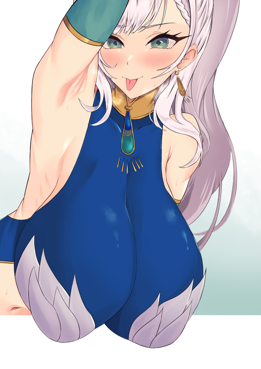 1girl, :p, absurdres, alternate_breast_size, aqua_eyes, armpit_crease, armpits, bare_shoulders