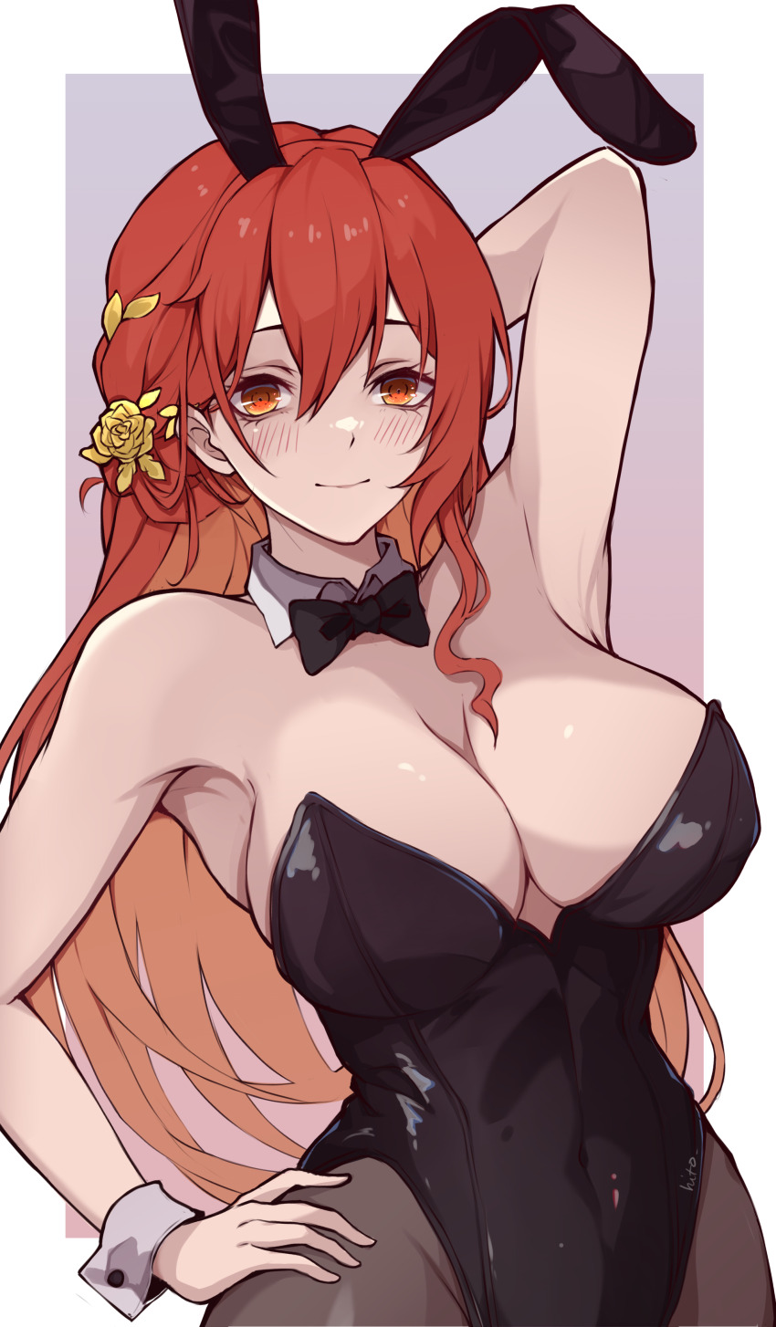 1girl, absurdres, animal_ears, arm_behind_head, black_leotard, black_pantyhose, blush, breasts, cleavage, commentary, detached_collar, flower, hair_between_eyes, hair_flower, hair_ornament, hand_on_own_hip, highres, himeko_(honkai:_star_rail), hitozche, honkai:_star_rail, honkai_(series), large_breasts, leotard, long_hair, looking_at_viewer, orange_eyes, pantyhose, playboy_bunny, rabbit_ears, red_hair, signature, simple_background, solo, standing, wrist_cuffs