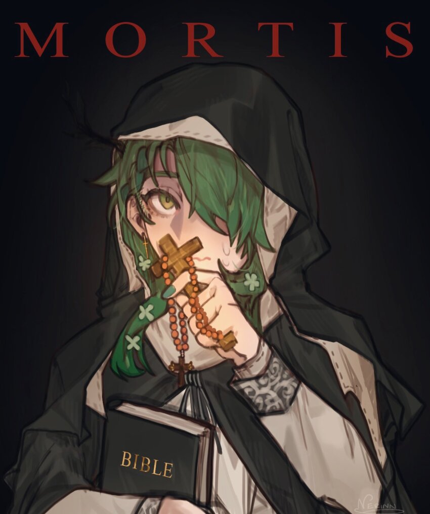 1girl, antlers, beads, bible_(object), black_dress, book, bow, braid