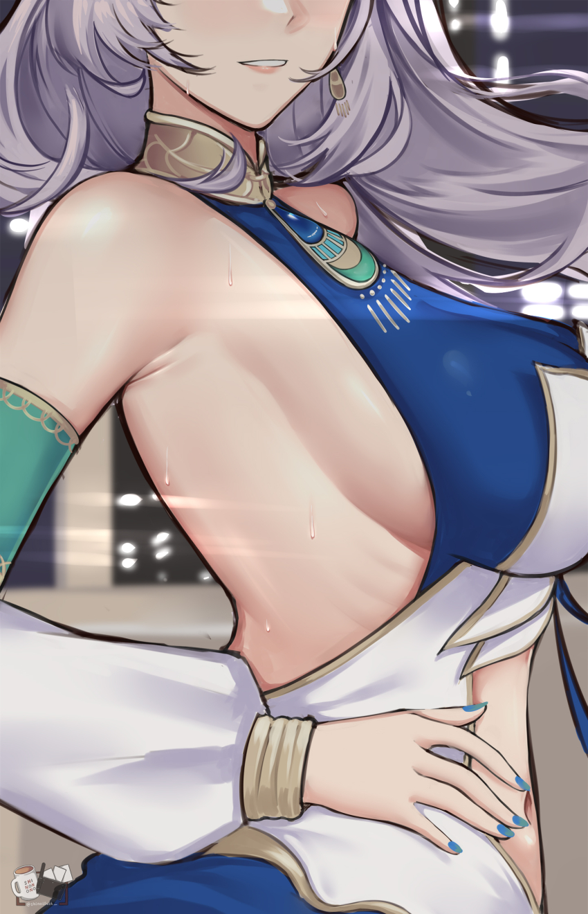 1girl, armpits, backless_outfit, bare_shoulders, blue_nails, blue_shirt, blue_skirt, breasts