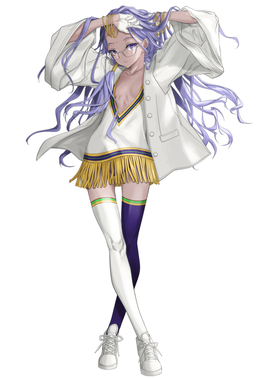 1girl, absurdres, asymmetrical_legwear, braid, breasts, closed_mouth, coat, commentary_request