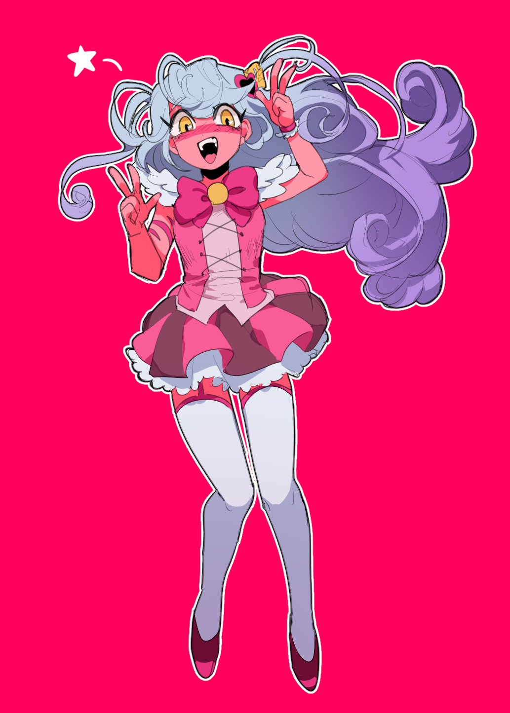 blue_hair, blush, commentary_request, double_v, full_body, garter_straps, gradient_hair, hair_ornament, heart, heart_hair_ornament, highres, korean_commentary, light_blue_hair, lobotomy_corporation, long_hair, miniskirt, multicolored_hair, neck_ribbon, nose_blush, nu_(qjqmfqjqmf02), open_mouth, outline, petticoat, pink_background, pink_ribbon, pink_shirt, pink_shoes, pink_skirt, pleated_skirt, project_moon, purple_hair, queen_of_hatred, ribbon, shirt, shoes, simple_background, skirt, sleeveless, sleeveless_shirt, smile, teeth, thighhighs, two_side_up, upper_teeth_only, v, white_outline, white_thighhighs, yellow_eyes