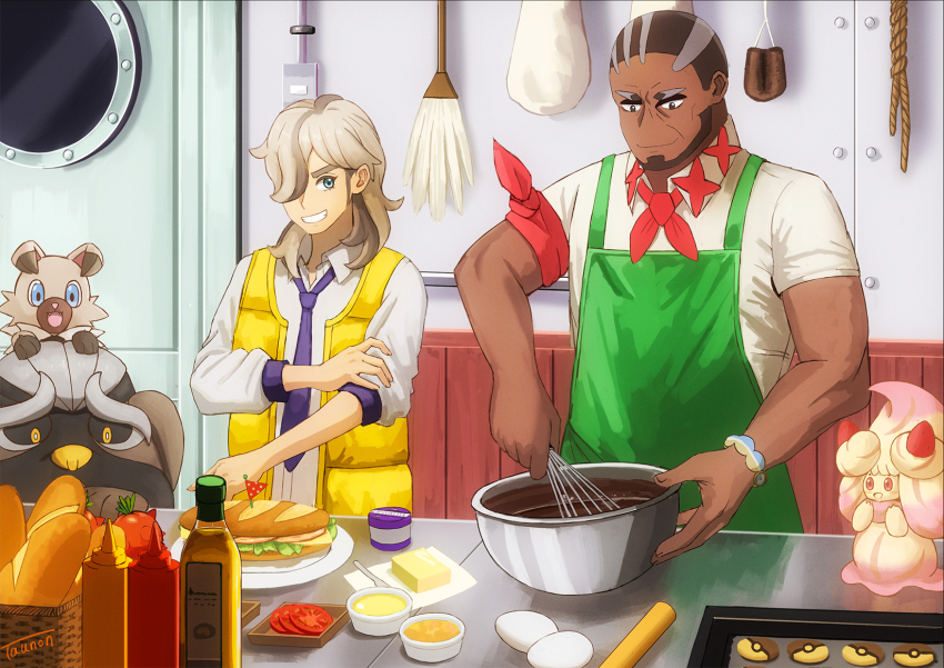 2boys, alcremie, alcremie_(strawberry_sweet), apron, arm_ribbon, arven_(pokemon), baking_sheet, beard