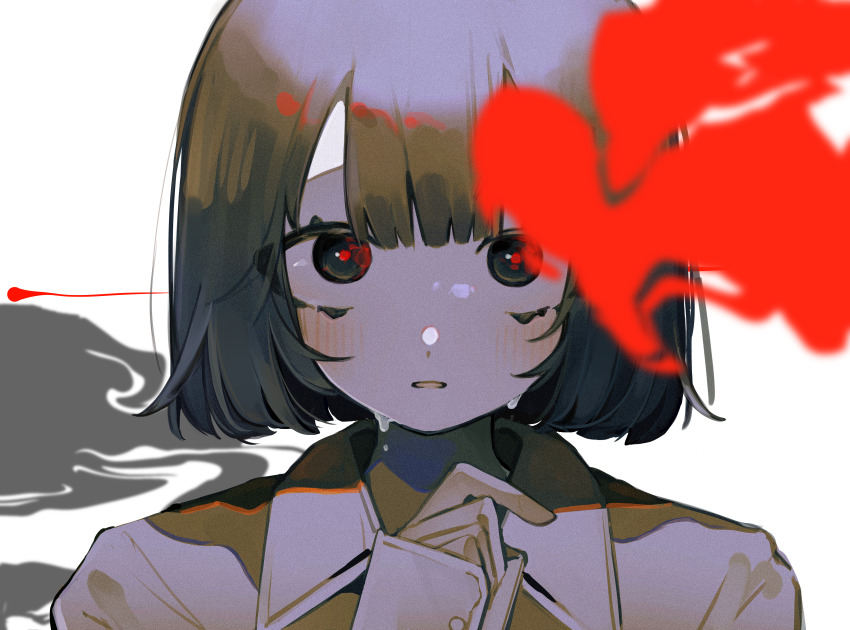 1girl, absurdres, black_eyes, black_hair, blurry, blurry_foreground, blush, bob_cut
