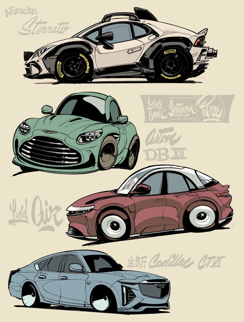 artist_name, aston_martin, aston_martin_db12, cadillac, cadillac_ct6, car, chibi, commentary