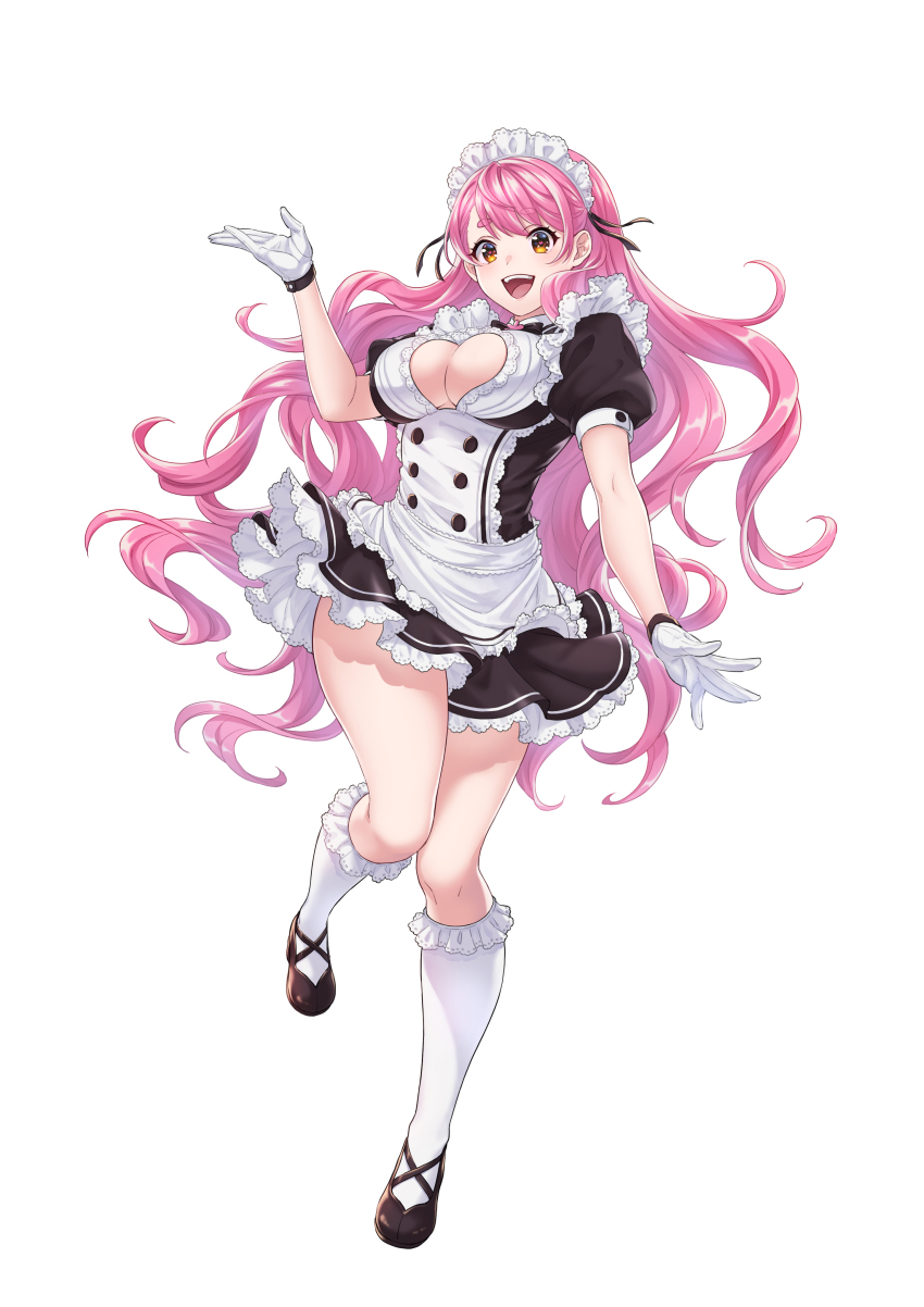 1girl, :d, absurdres, aizono_manami, aizono_manami_(1st_costume), apron, black_dress, breasts, center_frills, cleavage, cleavage_cutout, clothing_cutout, dress, frills, gloves, heart, heart_cutout, heart_in_eye, highres, hikimayu, large_breasts, long_hair, looking_at_viewer, maid, maid_apron, maid_headdress, nijisanji, open_mouth, pink_hair, puffy_short_sleeves, puffy_sleeves, shoes, short_eyebrows, short_sleeves, simple_background, smile, socks, solo, symbol_in_eye, tachi-e, teeth, thick_eyebrows, thick_thighs, thighs, ujita, upper_teeth_only, very_long_hair, virtual_youtuber, white_apron, white_background, white_gloves, white_socks, yellow_eyes