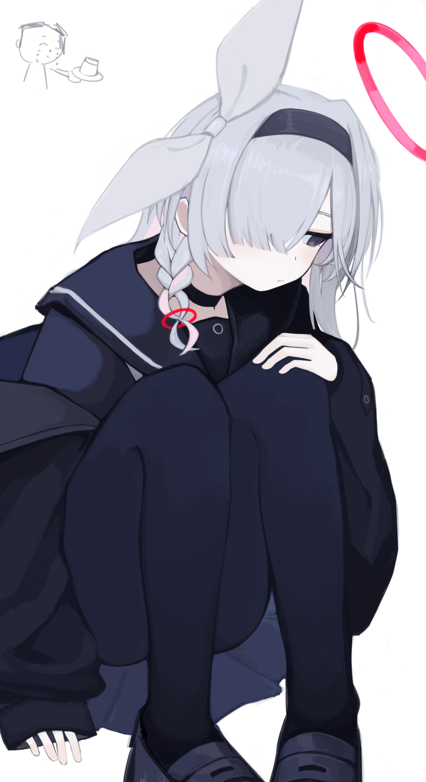 1boy, 1girl, 8rk9, absurdres, black_choker, black_eyes, black_footwear, black_hairband