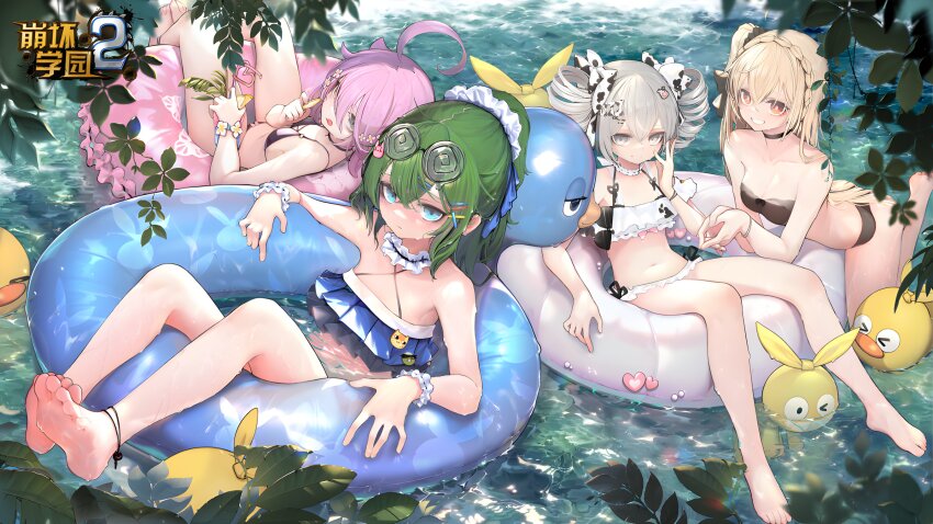 4girls, absurdres, ahoge, beach, honkai_gakuen, bikini, black_bikini, black_choker, blonde_hair, blue_bikini, blue_eyes, bow, bronya_zaychik, choker, closed_mouth, copyright_name, drill_hair, eyewear_on_head, frilled_bikini, frills, full_body, green_eyes, grey_eyes, grey_hair, hair_bow, hair_ornament, hairclip, heterochromia, highres, holding, homu_(honkai_impact), honkai_(series), innertube, long_hair, looking_at_viewer, multiple_girls, ninti_apocalypse, official_art, pink_hair, polka_dot, polka_dot_bow, ponytail, purple_eyes, side_ponytail, sin_mal, sin_mal_(benghuai_xueyuan), soles, strapless, strapless_bikini, summer, swim_ring, swimsuit, third-party_source, toes, tongue, tongue_out, twin_drills, twintails, water, wet, white_bikini, white_bow, yellow_eyes, yssring_leavtruth