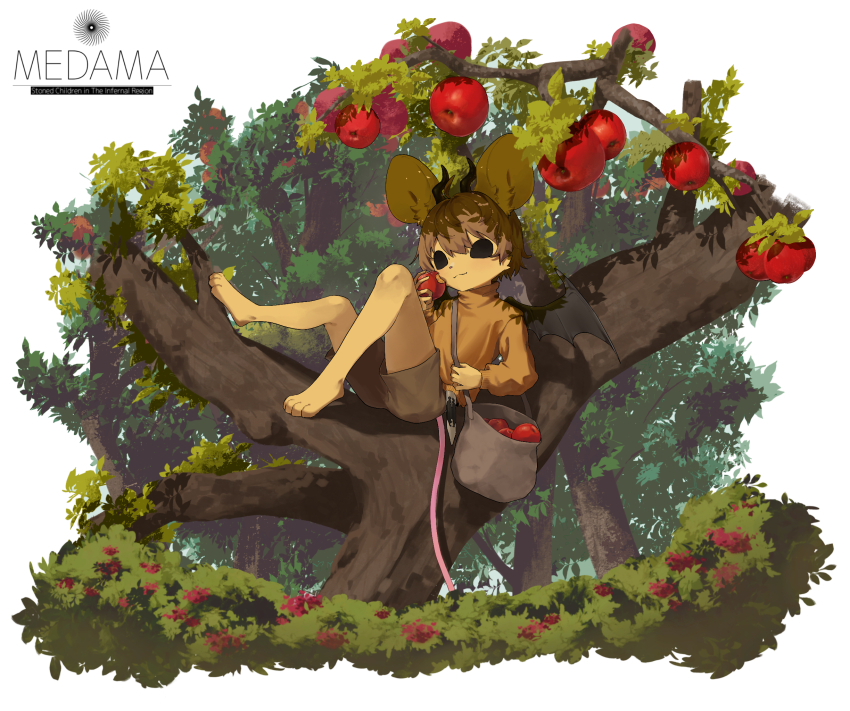 1boy, :3, animal_ears, animal_feet, apple, apple_tree, bag, barefoot