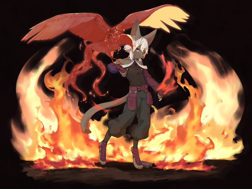 1boy, animal_ears, animal_feet, animal_nose, animal_on_arm, arm_at_side, arm_up, bare_shoulders