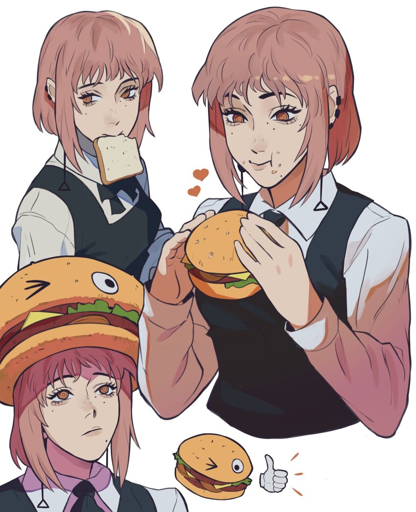 1girl, absurdres, andrei_(shidanasu), bread_slice, brown_hair, burger_hat, chainsaw_man, dress