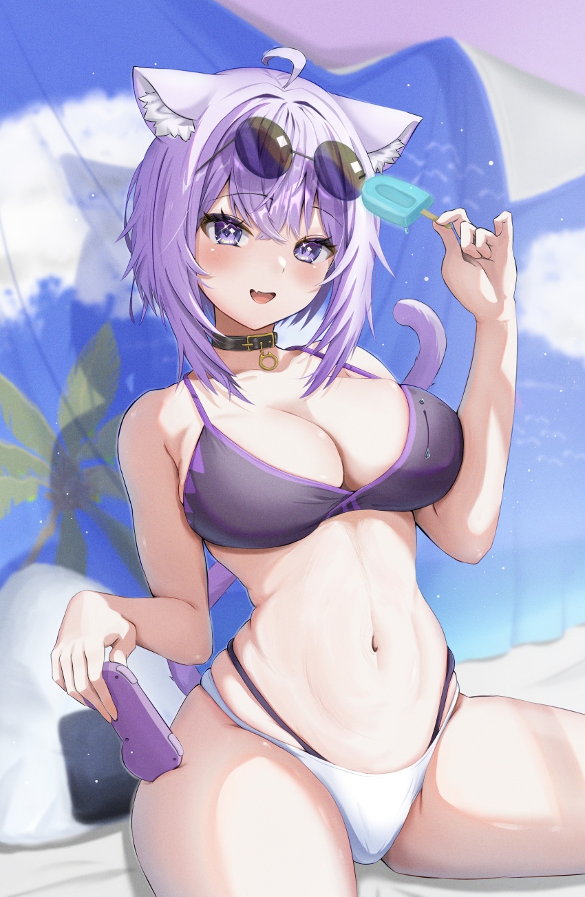 1girl, :d, absurdres, ahoge, animal_collar, animal_ear_fluff, animal_ears, bikini