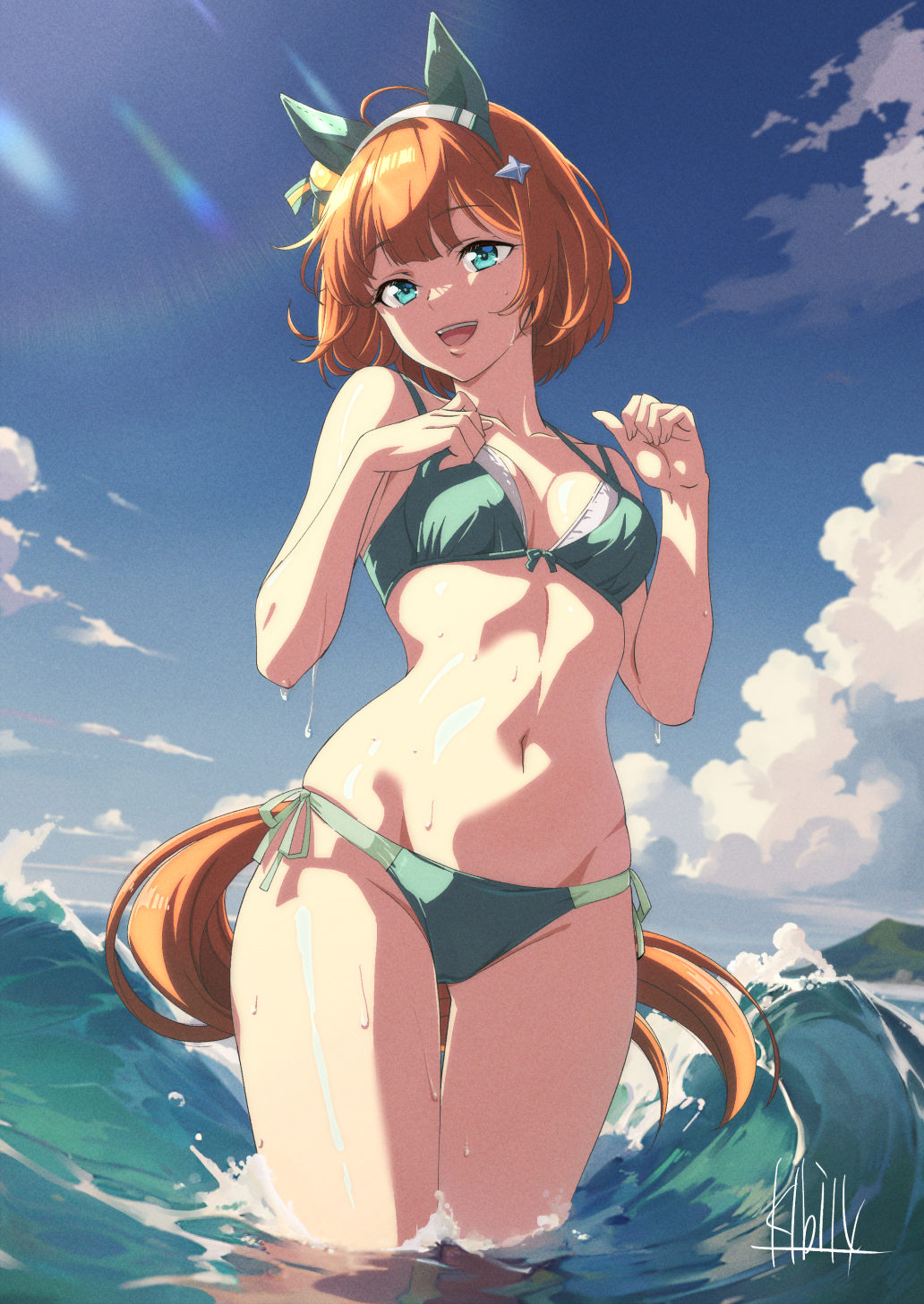 1girl, alternate_costume, alternate_hair_length, alternate_hairstyle, animal_ears, aqua_eyes, artist_name, bikini
