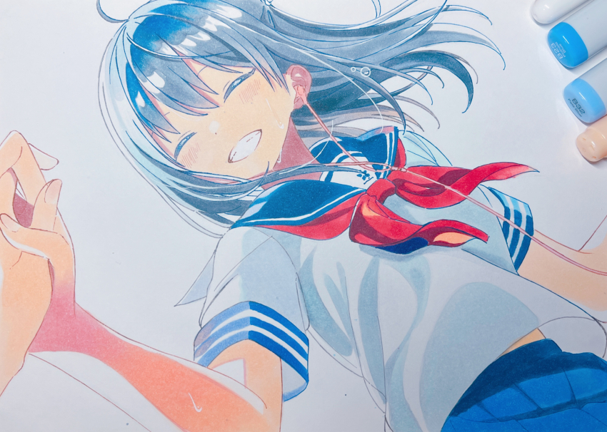 2girls, :d, ahoge, art_tools_in_frame, black_hair, black_sailor_collar, blue_skirt, blush