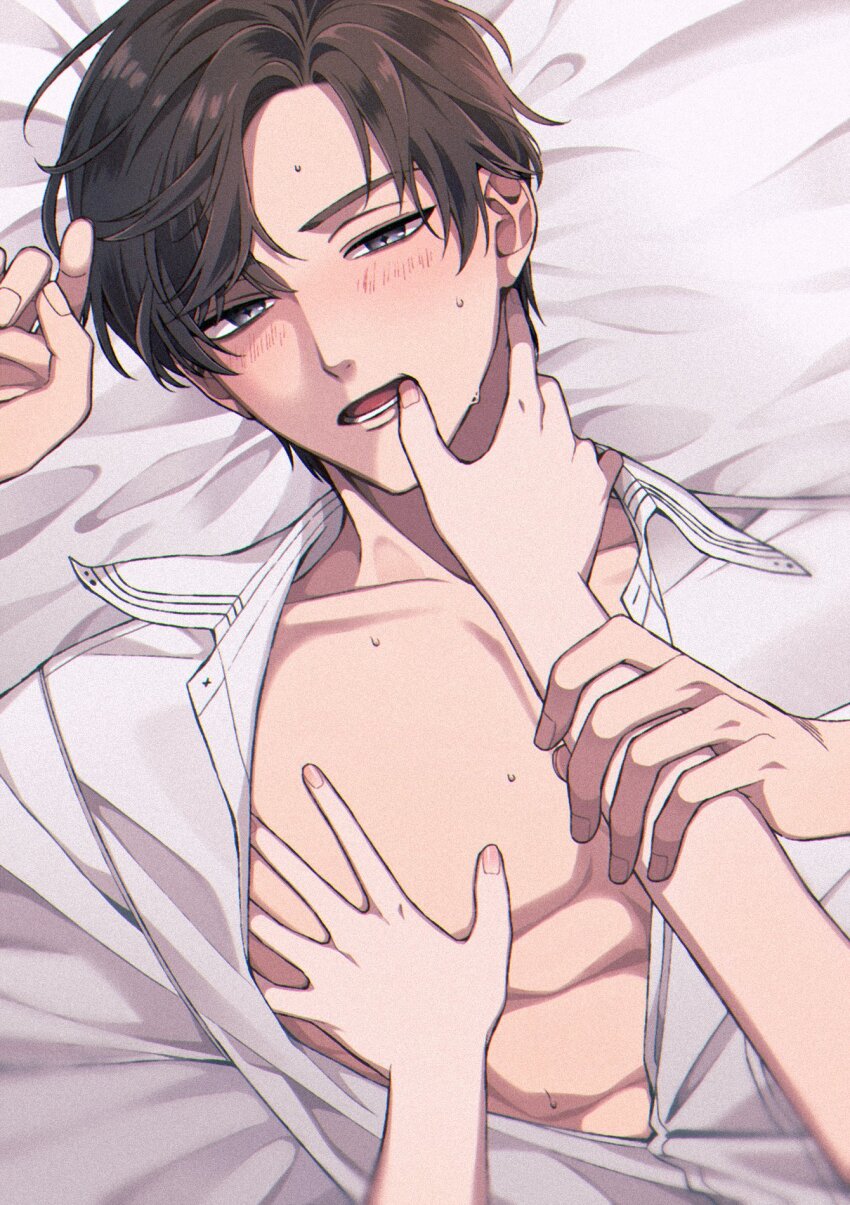 1boy, 1girl, abs, artem_wing_(tears_of_themis), bed, blue_eyes, blush, brown_hair