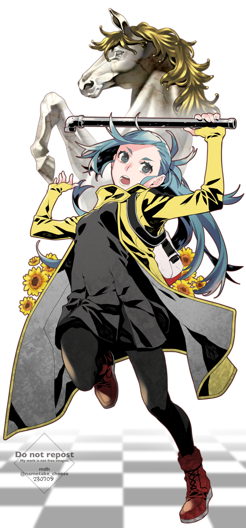 1girl, ai_the_somnium_files, backpack, bag, black_dress, black_leggings, blue_eyes, blue_hair