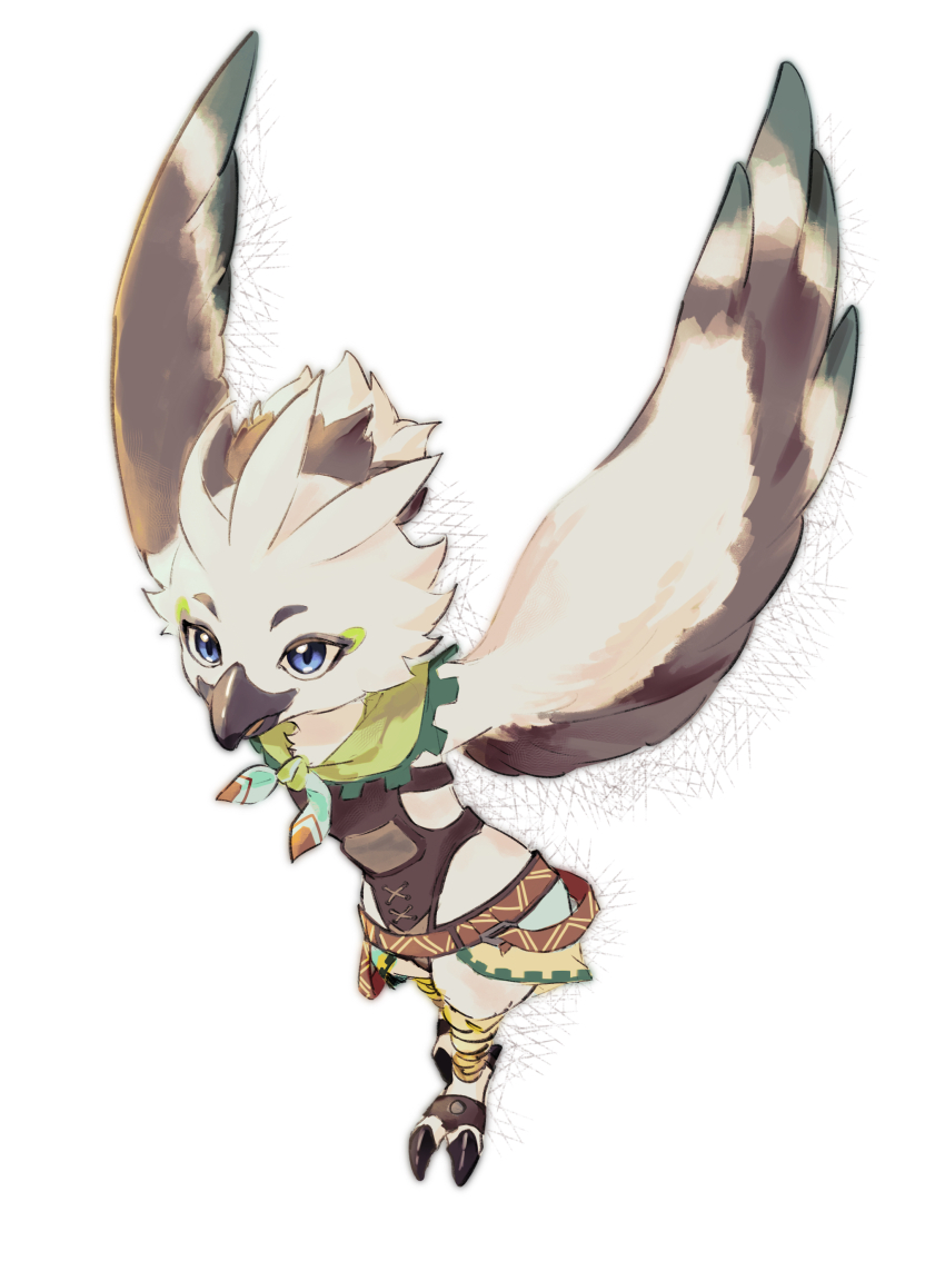 1boy, absurdres, animal_feet, arms_up, bandana, beak, belt, bird_boy, bird_legs, blue_eyes, body_fur, brown_fur, brown_hair, brown_leotard, child, claws, feathered_wings, full_body, furry, furry_male, green_bandana, highres, katamuki, leotard, male_focus, multicolored_hair, multicolored_wings, nintendo, open_mouth, outstretched_arms, rito, short_hair, simple_background, solo, the_legend_of_zelda, the_legend_of_zelda:_tears_of_the_kingdom, tulin_(zelda), two-tone_fur, two-tone_hair, white_background, white_fur, white_hair, winged_arms, wings