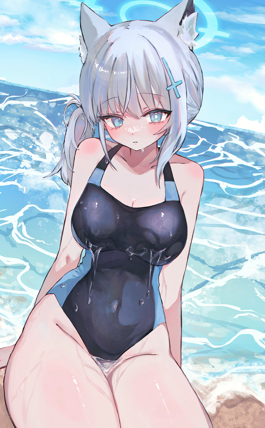 1girl, absurdres, animal_ear_fluff, animal_ears, beach, black_one-piece_swimsuit, blue_archive, blue_eyes