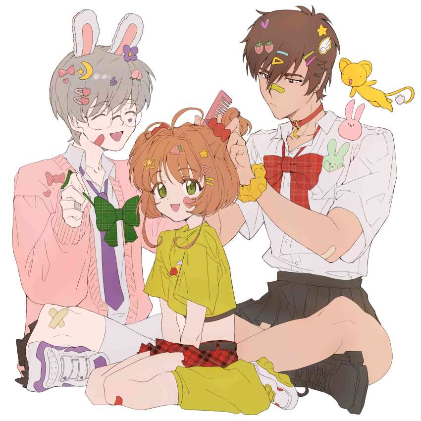 1girl, 2boys, absurdres, animal_ears, antenna_hair, bandaid, bandaid_on_face, bandaid_on_knee
