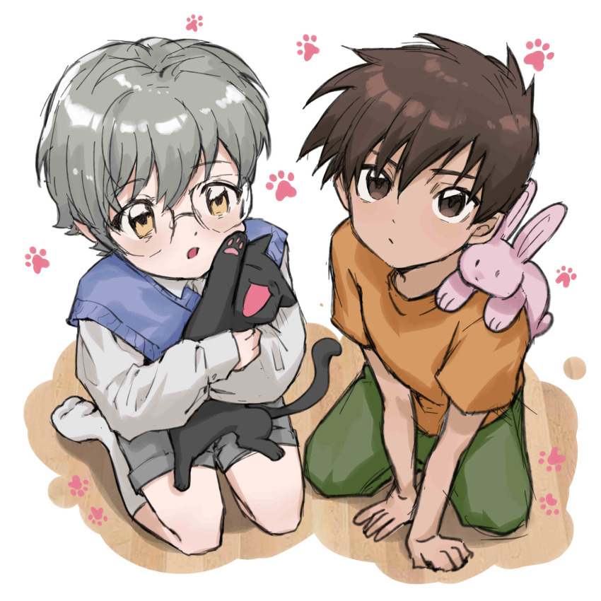 2boys, absurdres, aged_down, black_cat, brown_eyes, brown_hair, cardcaptor_sakura, cat