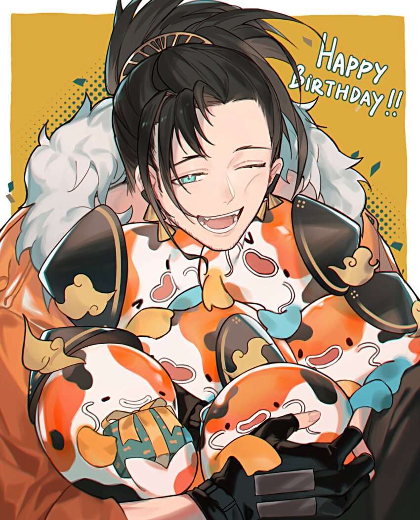 1boy, ;d, animal, animal_hug, aqua_eyes, black_gloves, black_hair, black_pants