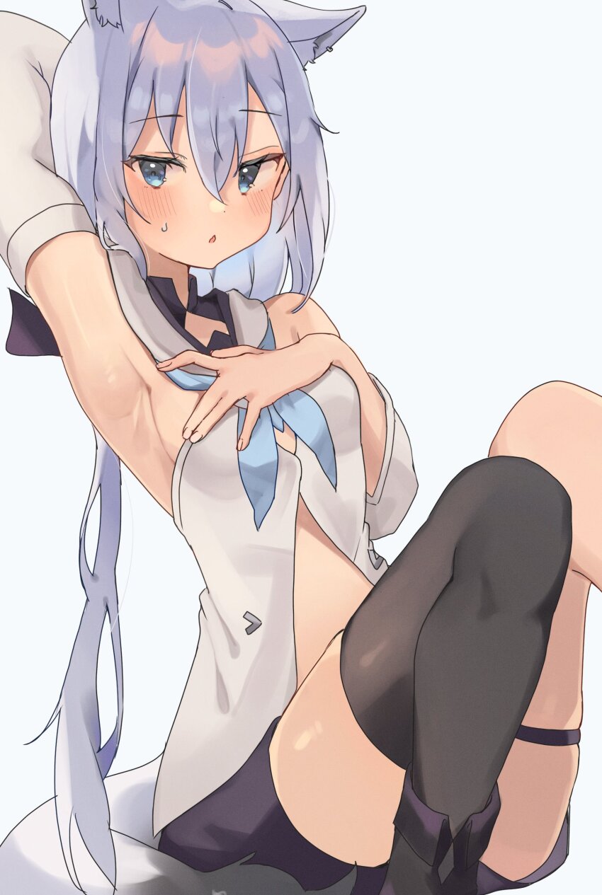 1girl, absurdres, animal_ear_fluff, animal_ears, ao_kotoha, arm_up, armpits, black_shorts, black_thighhighs, blue_neckerchief, blush, braid, breasts, commentary_request, detached_sleeves, earrings, fox_ears, fox_girl, fox_tail, green_eyes, hair_between_eyes, hand_on_own_chest, highres, hololive, hood, hoodie, jewelry, long_hair, looking_at_viewer, neckerchief, open_mouth, shirakami_fubuki, short_shorts, shorts, sideboob, sidelocks, simple_background, single_braid, single_thighhigh, sitting, small_breasts, solo, sweat, tail, thigh_strap, thighhighs, virtual_youtuber, white_background, white_hair, white_hoodie