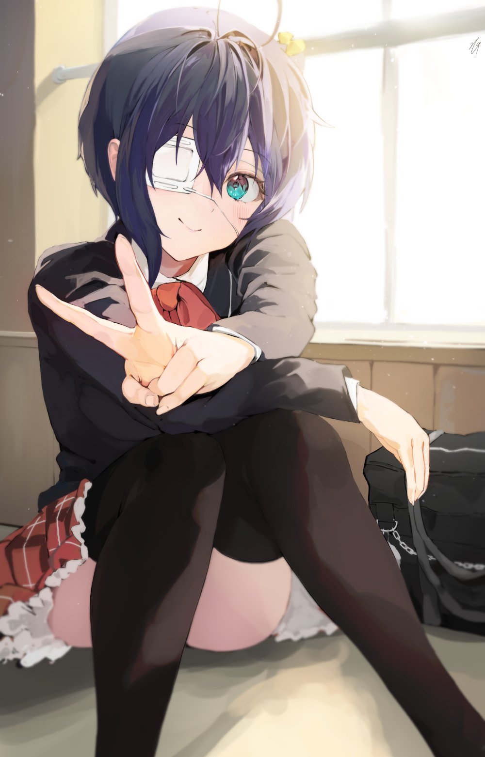 1girl, ahoge, ass, bag, black_jacket, black_thighhighs, bow, bowtie