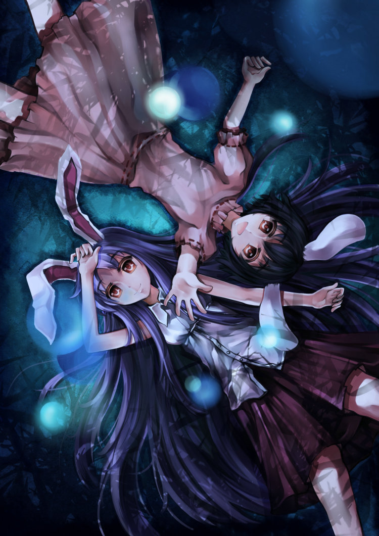 2girls, altoris_(scee), animal_ears, bad_id, bad_pixiv_id, black_hair, rabbit_ears, female_focus