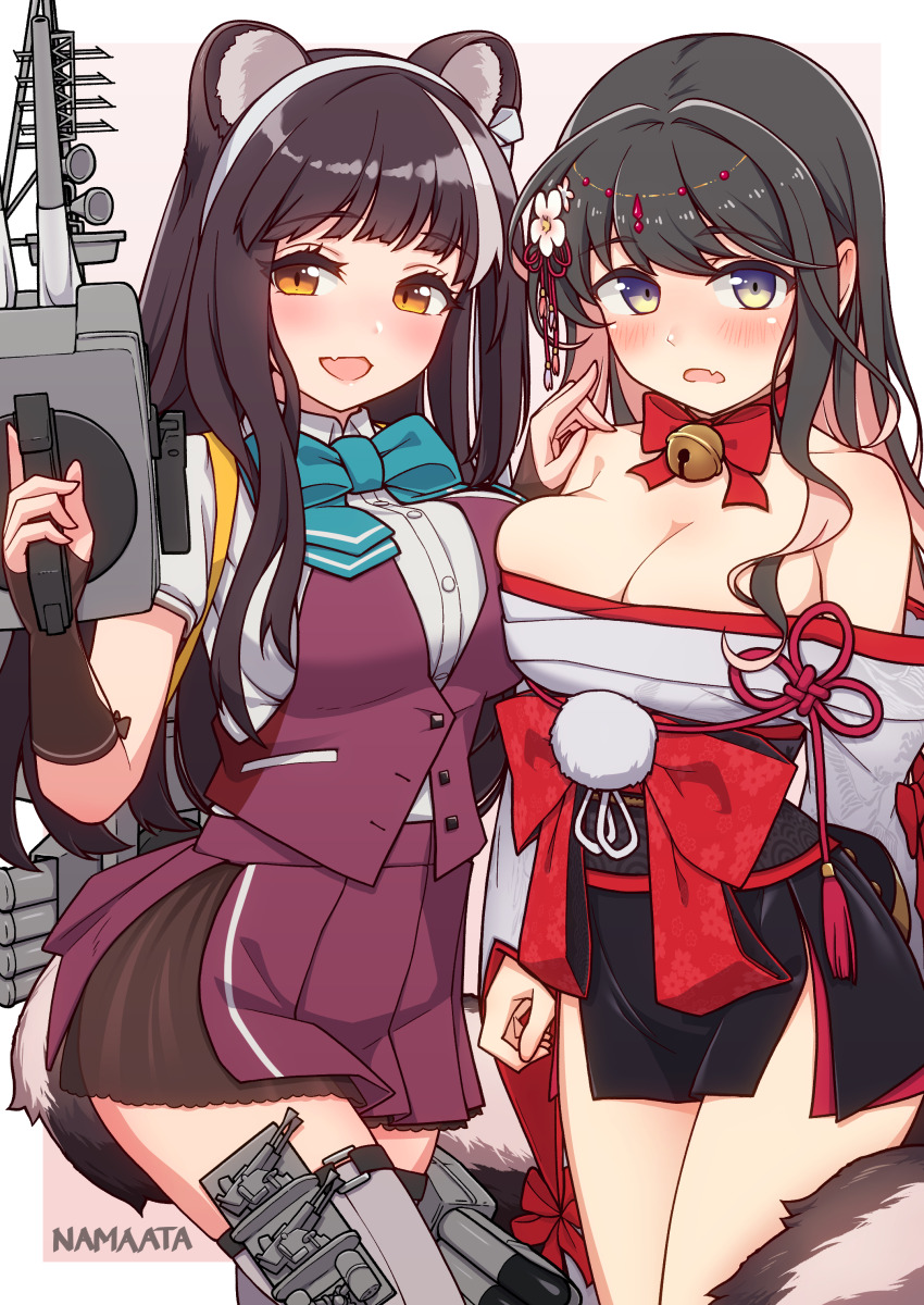 2girls, absurdres, animal_ears, aqua_bow, aqua_bowtie, artist_name, azur_lane, bell, black_gloves, black_hair, blush, bow, bowtie, breasts, buttons, cleavage, collared_shirt, commission, cosplay, costume_switch, crossover, fang, fingerless_gloves, gloves, grey_thighhighs, highres, jingle_bell, kantai_collection, large_breasts, long_hair, multicolored_hair, multiple_girls, naganami_(azur_lane), naganami_(azur_lane)_(cosplay), naganami_(kancolle), naganami_kai_ni_(kancolle), naganami_kai_ni_(kancolle)_(cosplay), namaata, name_connection, open_mouth, pink_hair, pixiv_commission, shirt, short_sleeves, signature, skin_fang, smile, tail, thighhighs, white_shirt, yellow_eyes