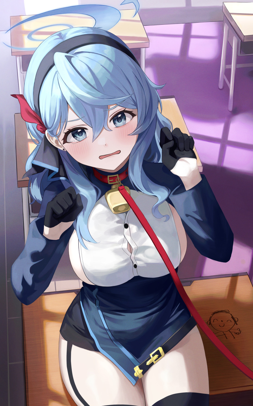 1girl, absurdres, ako_(blue_archive), bell, black_gloves, black_thighhighs, blue_archive, blue_coat, blue_eyes, blue_hair, blue_hairband, blue_halo, blue_jacket, blush, breasts, button_gap, classroom, cleavage, coat, collar, cowbell, earrings, from_above, garter_straps, gloves, guruguruming, hair_between_eyes, hairband, half_gloves, halo, hands_up, highres, indoors, jacket, jewelry, large_breasts, leash, long_hair, long_sleeves, looking_at_viewer, looking_back, neck_bell, open_mouth, pencil_skirt, sideboob, sitting, skirt, solo, stud_earrings, thighhighs, viewer_holding_leash, window_shadow, zettai_ryouiki
