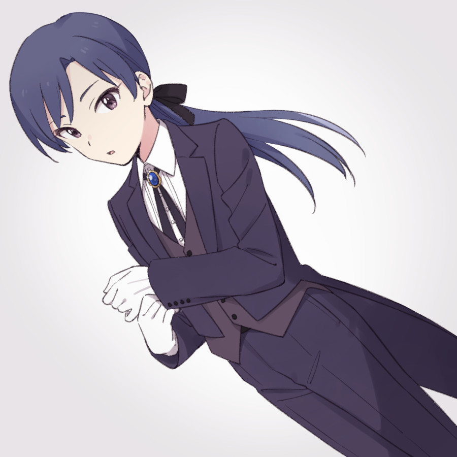 1girl, alternate_hairstyle, black_ribbon, blue_hair, blue_jacket, blue_pants, blush, bolo_tie