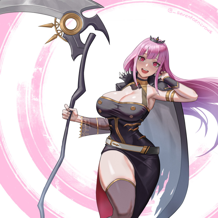 1girl, :d, armlet, black_cape, black_dress, black_thighhighs, blunt_bangs, bracer