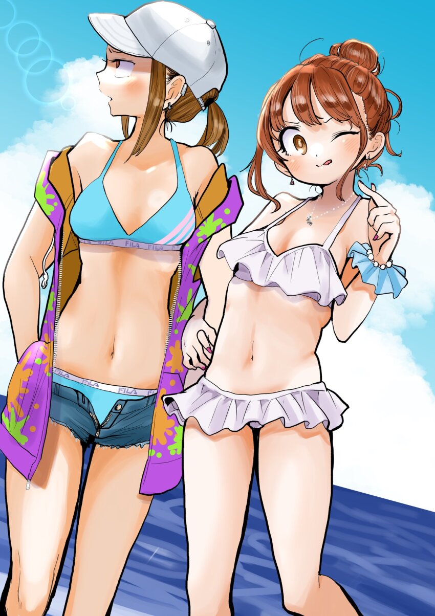 2girls, ;p, bare_shoulders, baseball_cap, beach, bikini, bikini_bottom_under_shorts, bikini_skirt